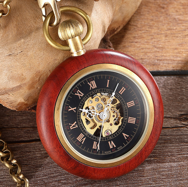 Red Copper Wood Roman Scale Retro Mechanical Pocket Watch