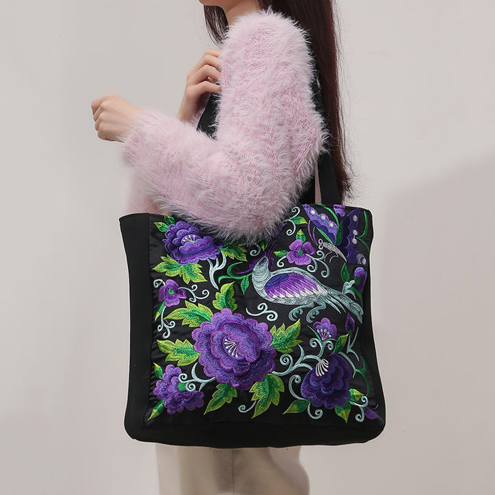 Elegant Phoenix Embroidered Canvas Shoulder Bag for Women