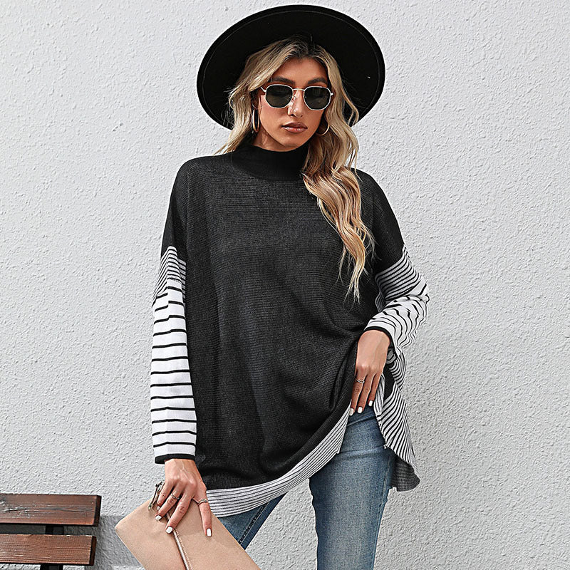 New Women's Bat Sleeve Stripe Half High Neck Sweater