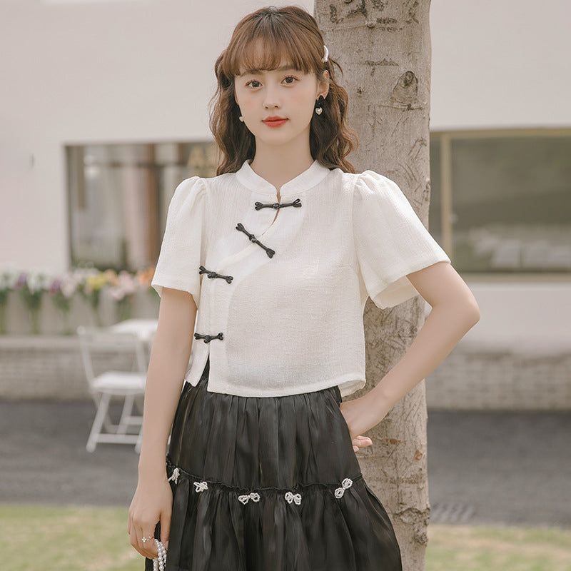 Chinese Style Buckle Short Top Women's Summer Shirt