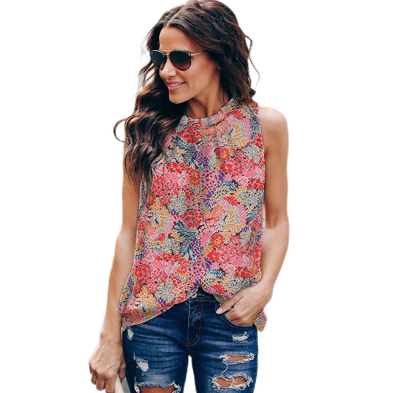 Floral Print Pullover Vest For Women Summer Round Neck Sleeveless Ruffle Top Women