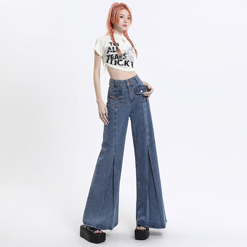 High Waist Double Buckle Stitching Wide Leg Skinny Jeans For Women