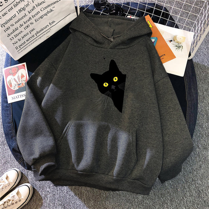 Personalized Black Cat Hooded Sweater Fleece Padded Coat Plus Size