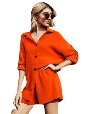 Summer Women's Casual Cotton Zou Button Long Sleeve Shorts Two-piece Suit