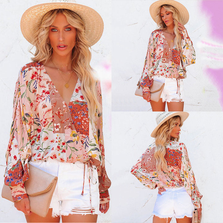 Spring And Summer Floral V-neck Long Sleeve Loose Casual Shirt