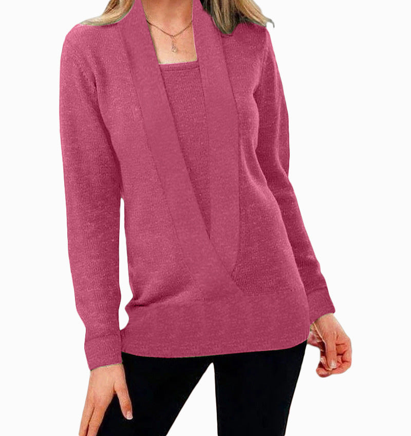 Knitted Solid Color Deep V-neck Long Sleeved Sweater For Women