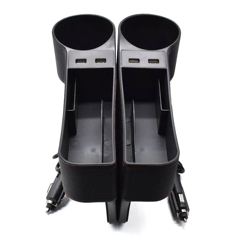 Leather Car Seat Gap Organizer with Dual USB Charging & Cup Holder