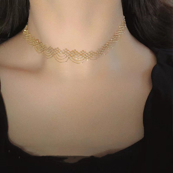 Silver Laser Gold Beans Lace Water Wave Pattern Temperament Clavicle Chain