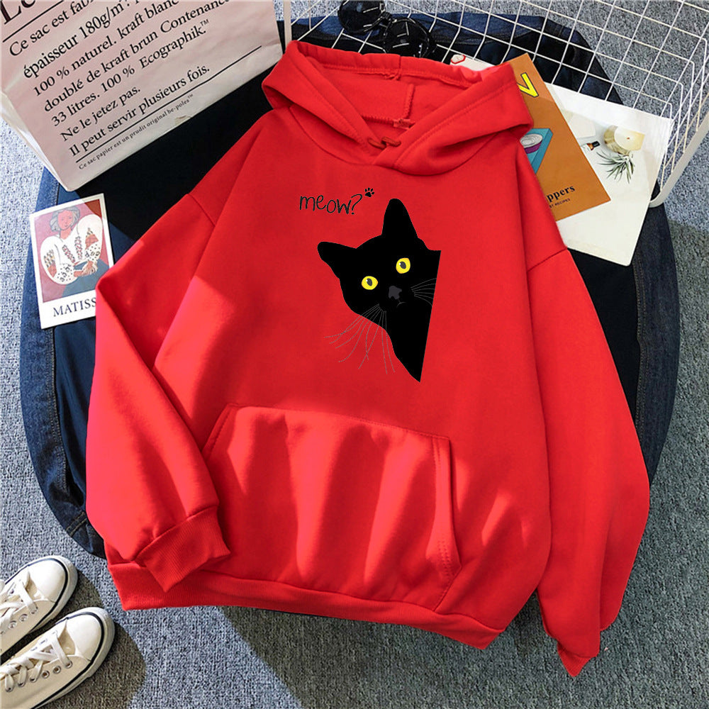 Personalized Black Cat Hooded Sweater Fleece Padded Coat Plus Size