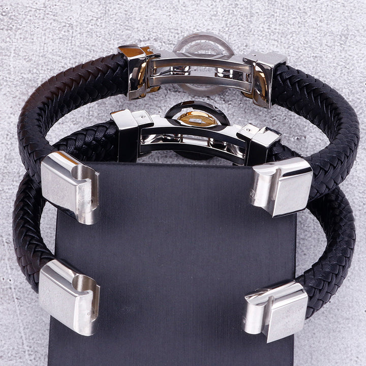 Stainless Steel Vintage Men's Titanium Leather Bracelet