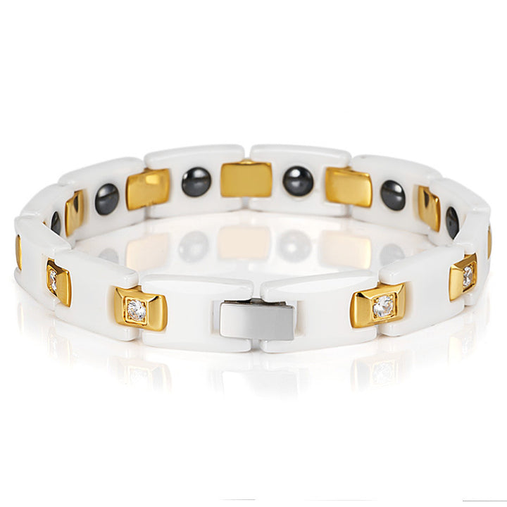 White Ceramic Inlaid Rhinestone Gold Couple Ochre Bracelet