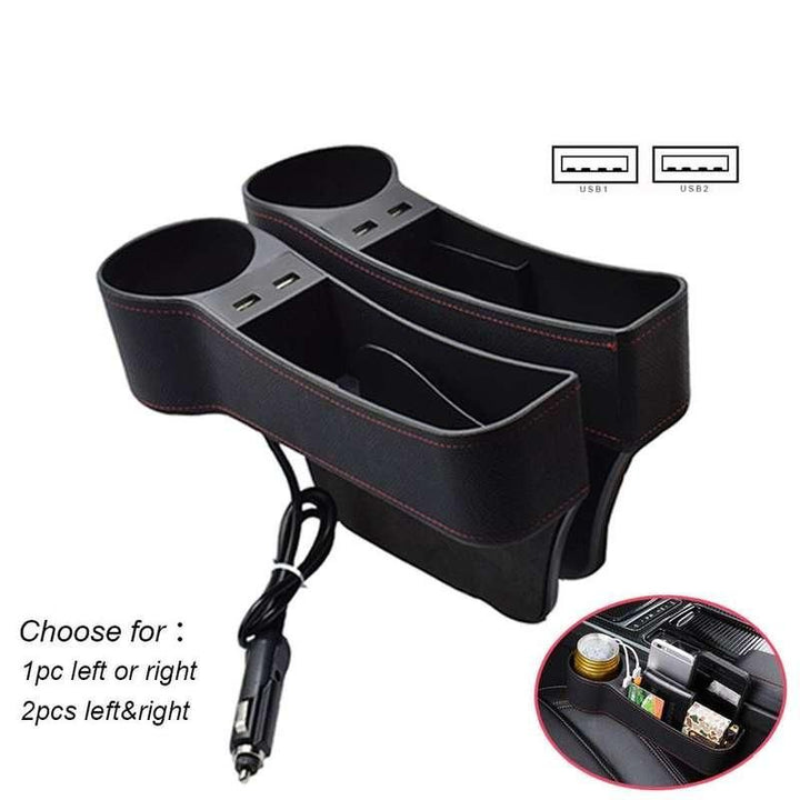 Leather Car Seat Gap Organizer with Dual USB Charging & Cup Holder