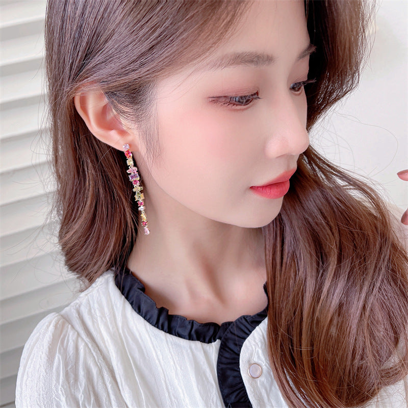 Geometric Color Zircon Double Tassel Earrings