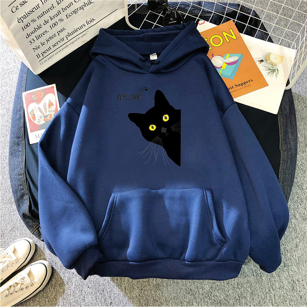 Personalized Black Cat Hooded Sweater Fleece Padded Coat Plus Size