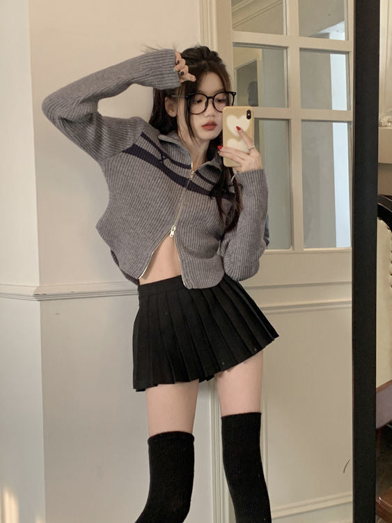 Casual Stand Collar Zipper Sweater Coat Slim Top For Women