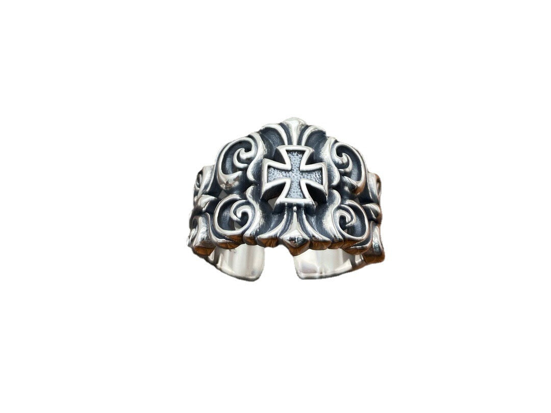 Silver Fashion Street Big Ring Mouth Personality Rattan Flower Men's