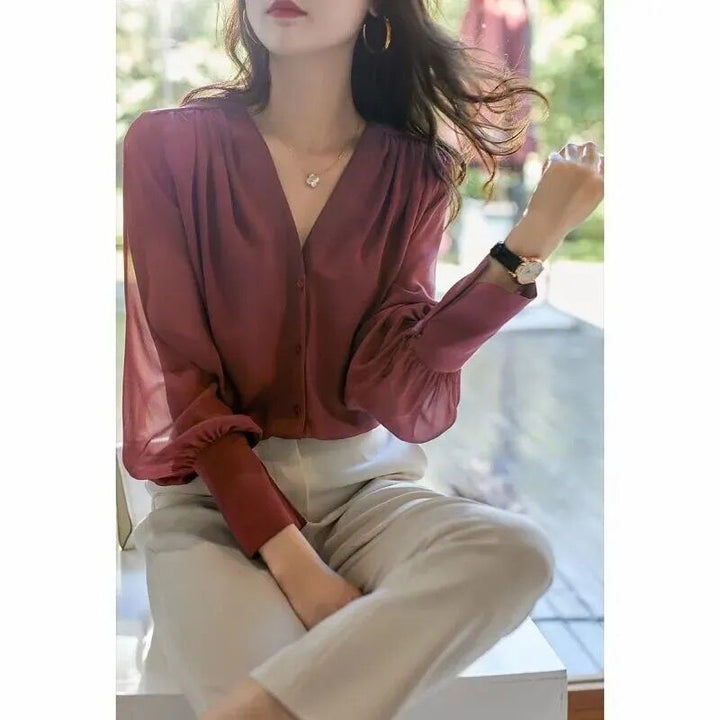 Vintage Simple Slim V-neck Long Sleeve Temperament Shirt