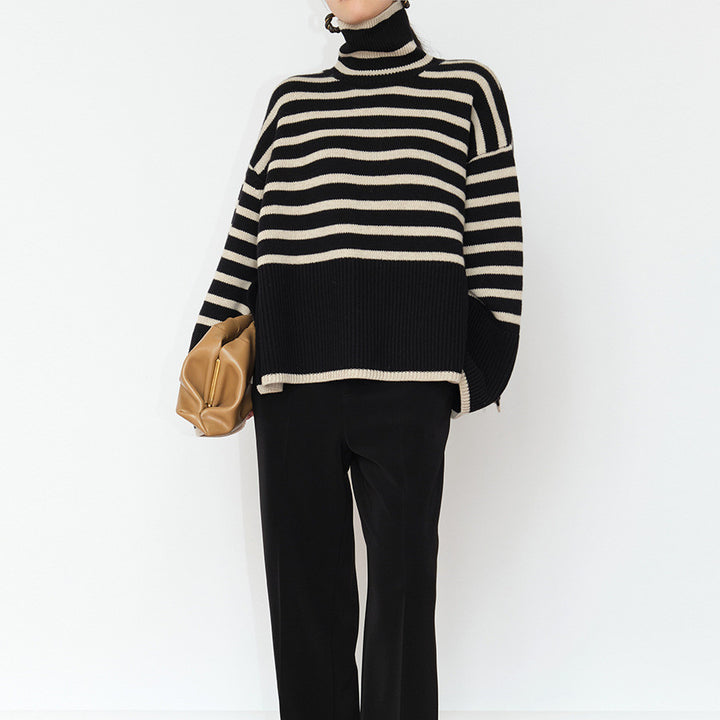 Women's Fashion Casual Loose Striped Turtleneck Sweater