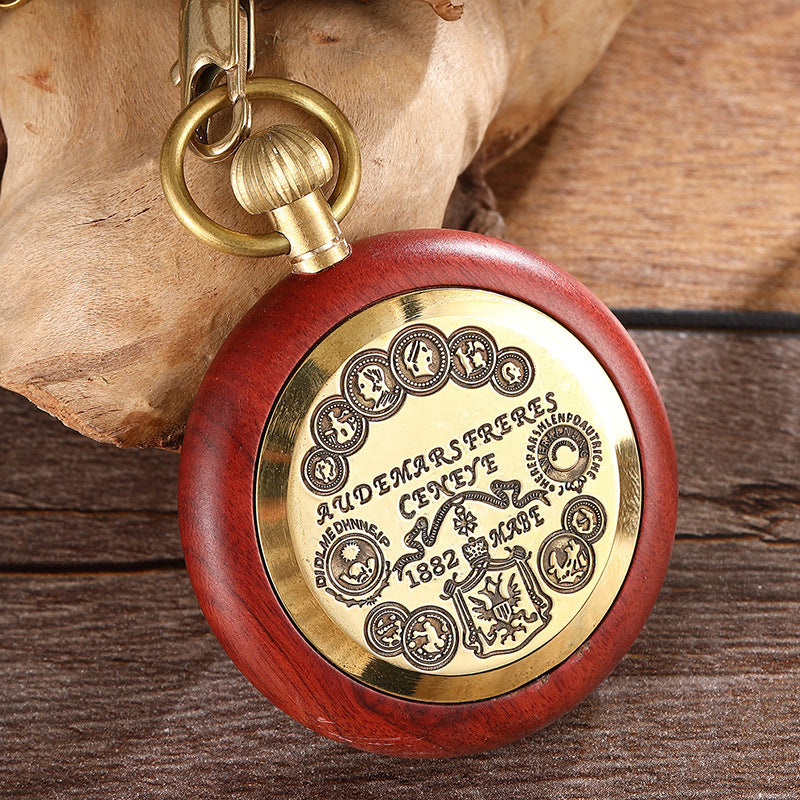 Red Copper Wood Roman Scale Retro Mechanical Pocket Watch