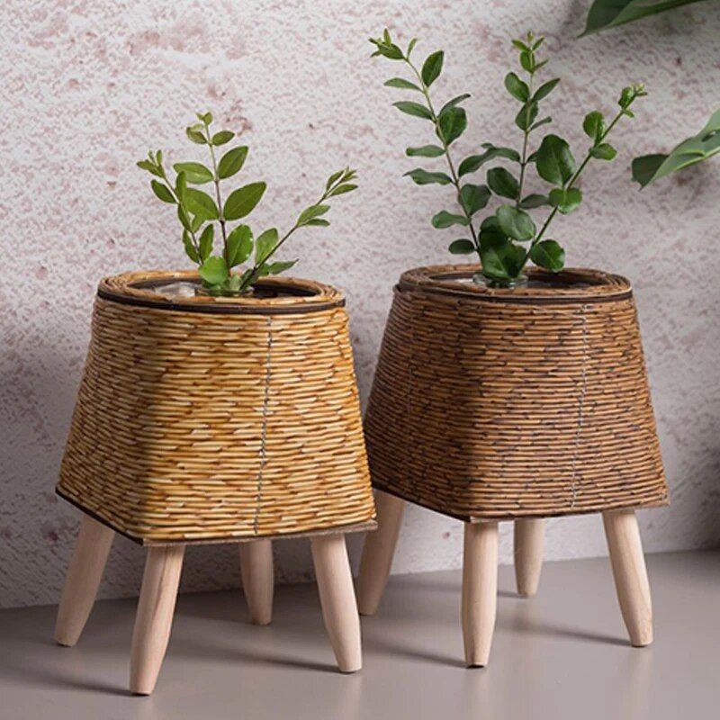 Elegant Nordic-Style Woven Plant Stand with Wooden Legs