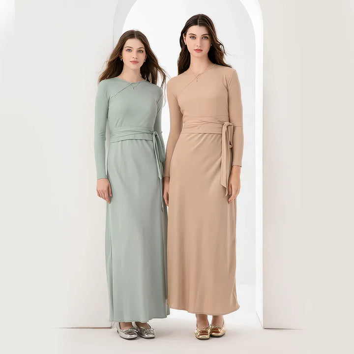 High Stretch Ribbing Wrap Top & Matte Satin Maxi Dress Set