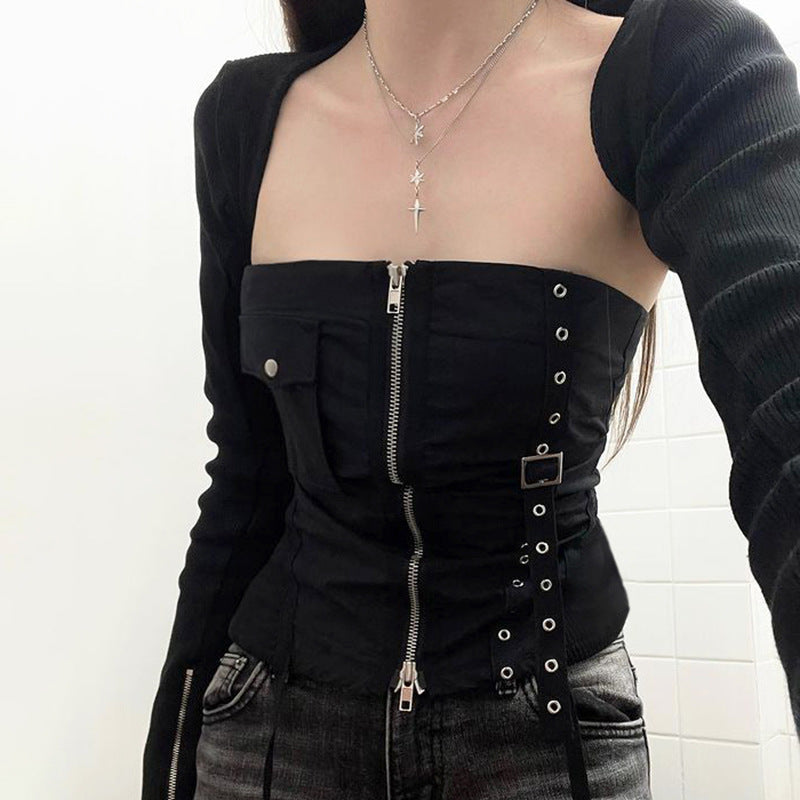 Women's Fashionable Simple Cargo Pocket Zipper Slim Fit Waist Tube Top