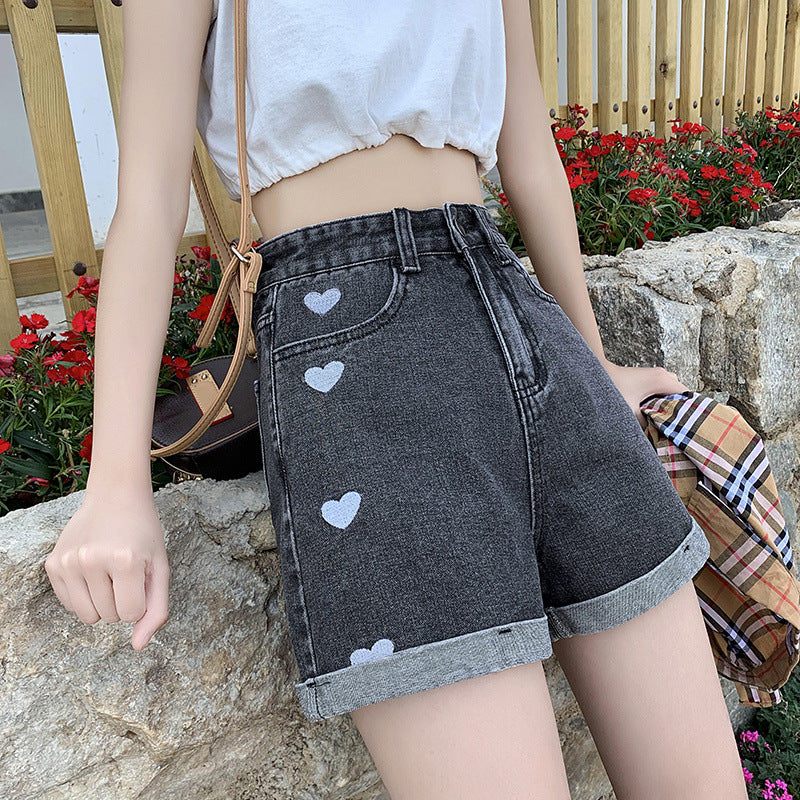 Female With Hearts High Waist Slimming Denim Shorts