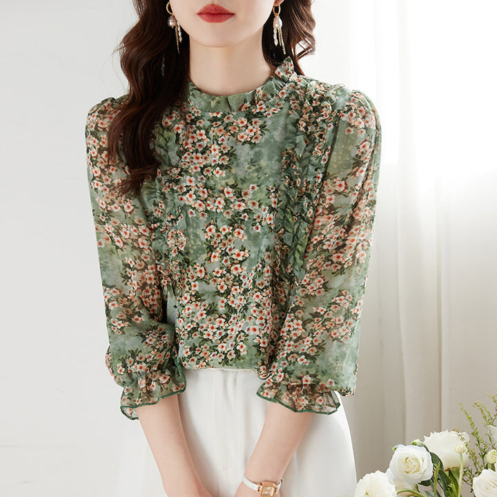 Women's Long Sleeved New Chiffon Printed Top Westernized Small Shirt