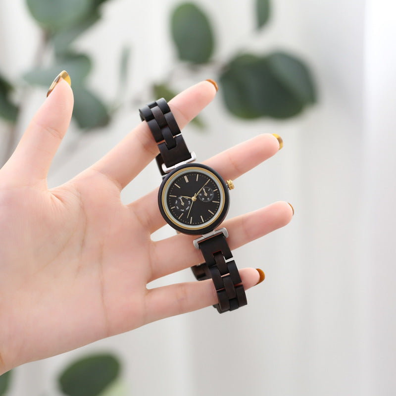 Round Analog Ebony Wood Quartz Watch