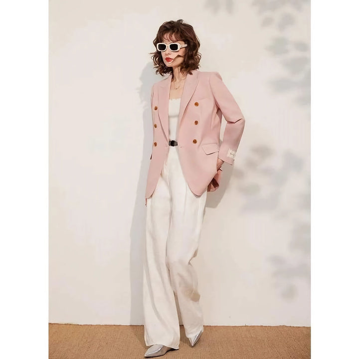 Spring Pink Double Breasted Blazer for Women - Stylish Office Suit Jacket