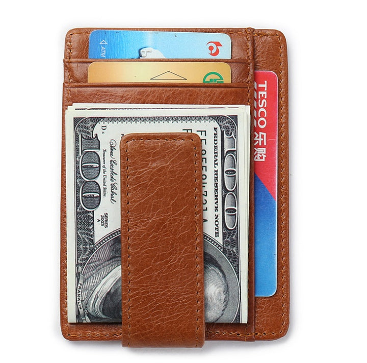 Fashion Men Magnet Money Clip Thin Credit Card Holder Genuine Leather Front RFID Pocket Wallet Blocking