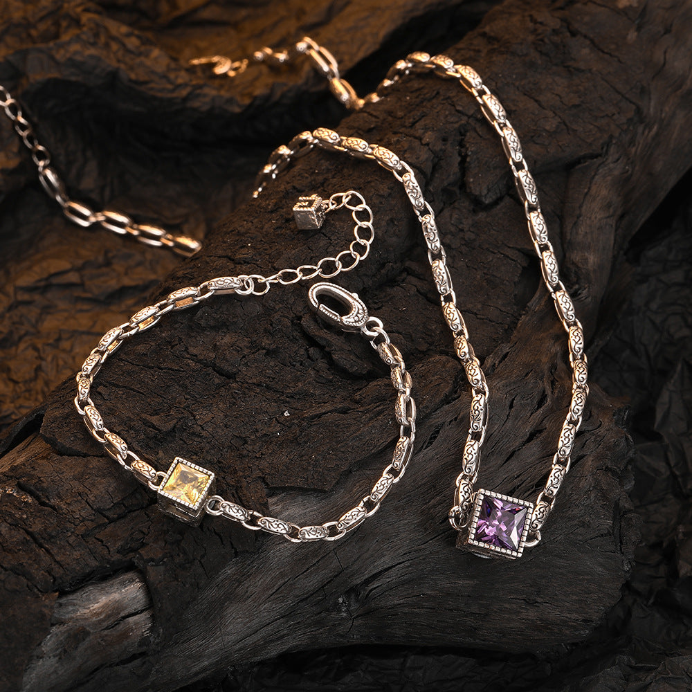 S925 Sterling Silver Purple Yellow Zircon Unique Stereo Retro Necklace For Women