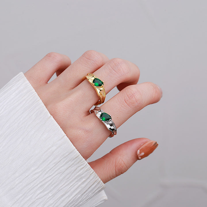 S925 Sterling Silver Shaped Green Zircon Irregular Ring