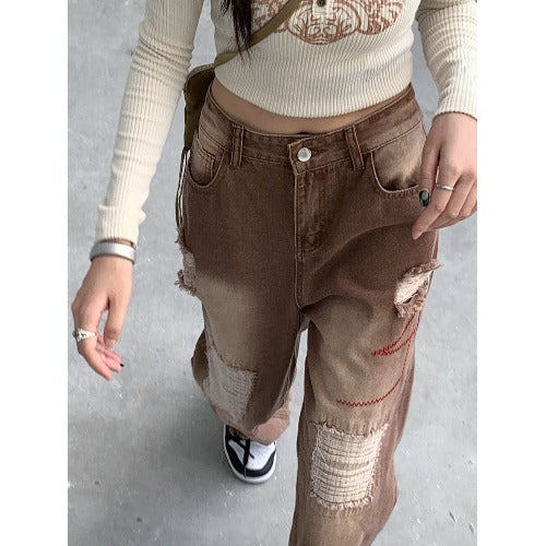 High Waist Slimming Holes Frayed Hem Straight-leg Pants