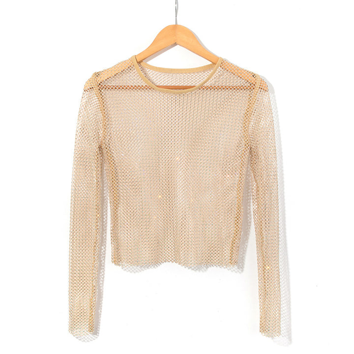 Women's Fashion Simple Solid Color Mesh Rhinestone Long Sleeve Top