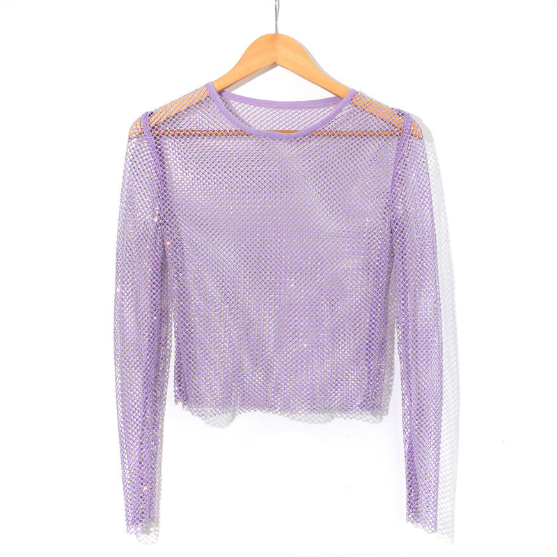 Women's Fashion Simple Solid Color Mesh Rhinestone Long Sleeve Top