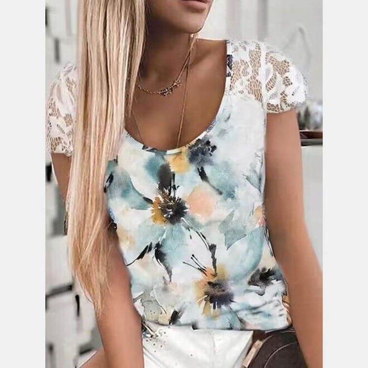 Casual Lace Short Sleeve Positioning Printed T-shirt