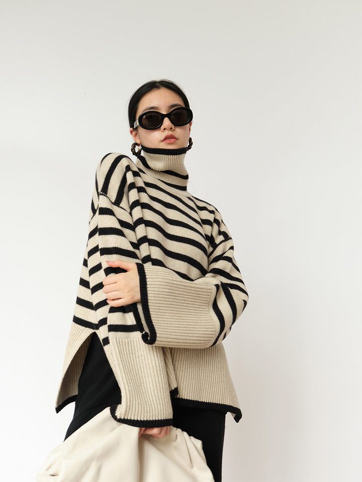 Women's Fashion Casual Loose Striped Turtleneck Sweater