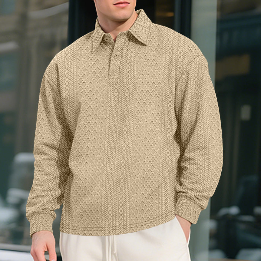 Texture Jacquard Solid Color Men's Long-sleeved Polo Shirt Lapel Loose Sweater