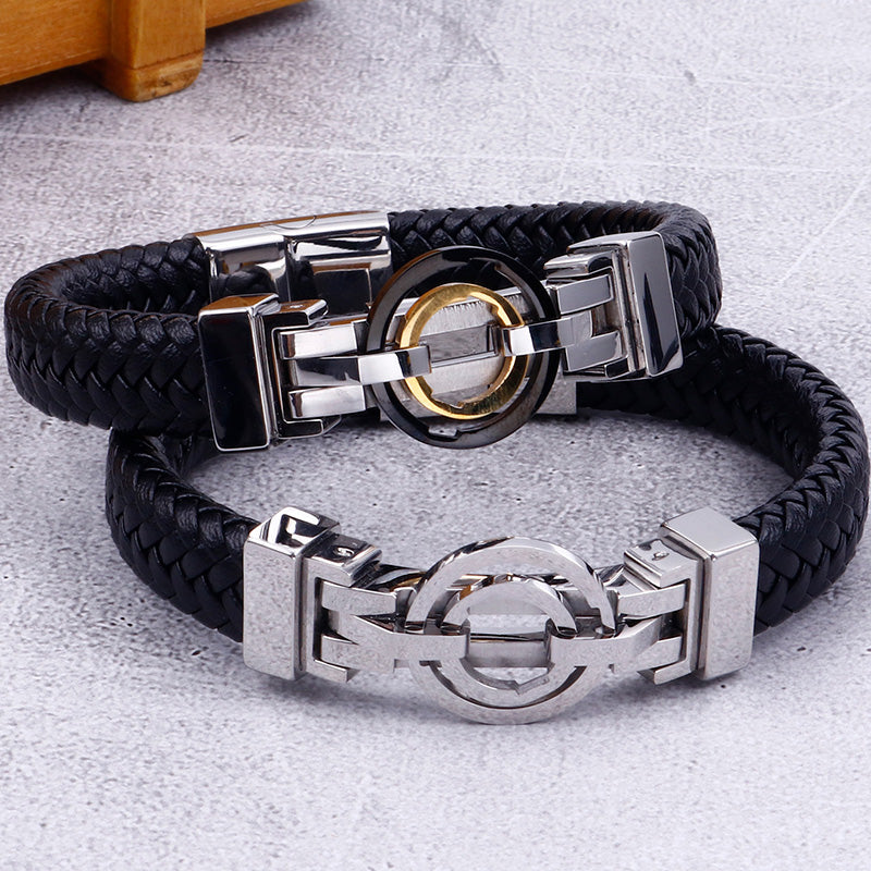 Stainless Steel Vintage Men's Titanium Leather Bracelet