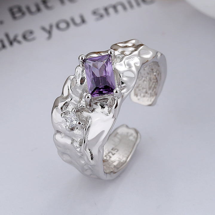 S925 Sterling Silver Korean Style Niche Texture Tin Foil Texture Square Zircon Stitching Chain Adjustable Ring