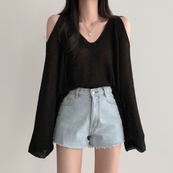 Women's Off Shoulder V-neck Long Sleeved Thin Knit Shirt