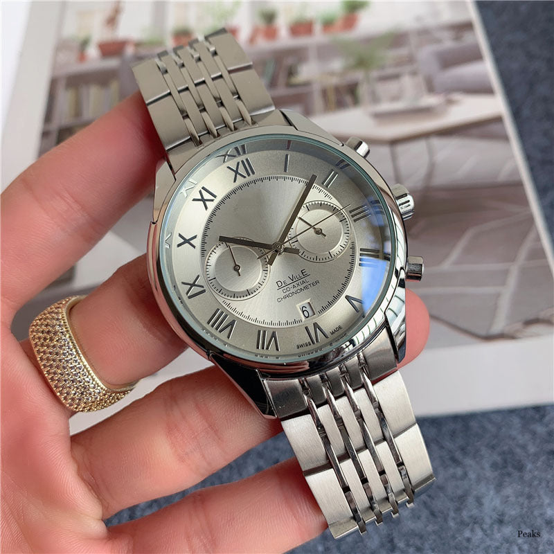 Fashionable Stainless Steel Band Multi-Function Five-Hand Calendar Trendy Casual Watch