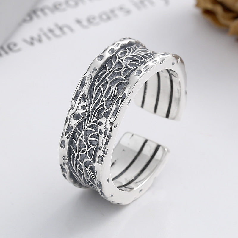 Sterling Silver Irregular Tang Grass Pattern Wide Ring