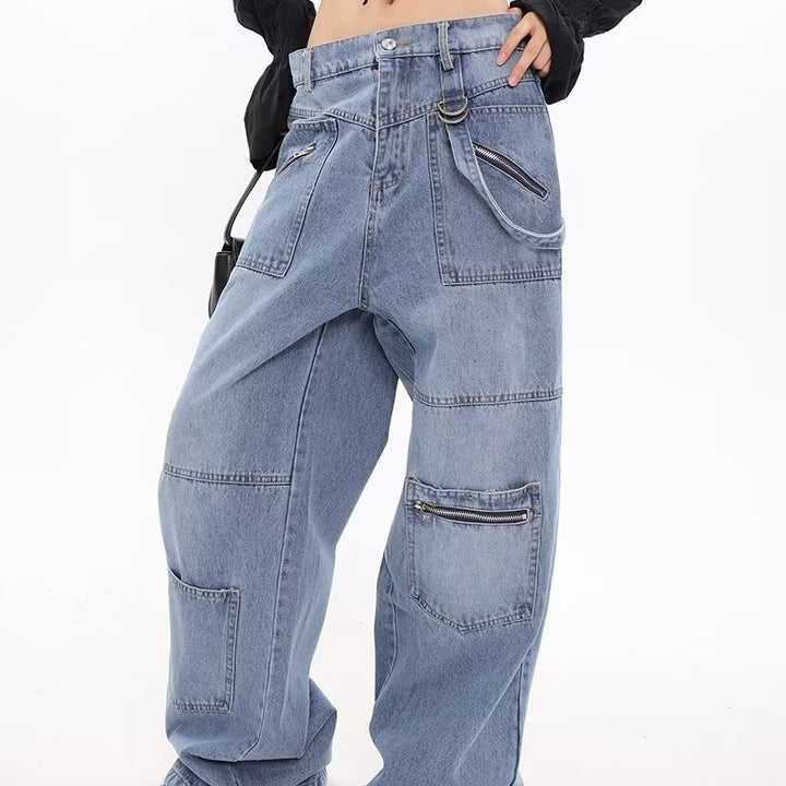 Zipper Multi-pocket Loose High Waist Wide Leg Straight Jeans