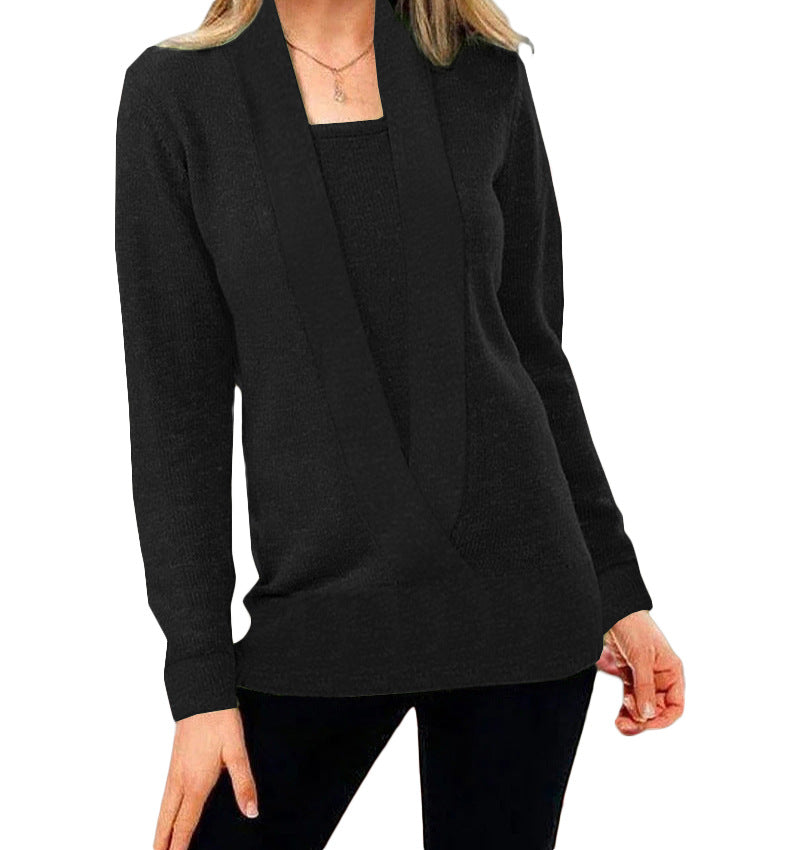 Knitted Solid Color Deep V-neck Long Sleeved Sweater For Women