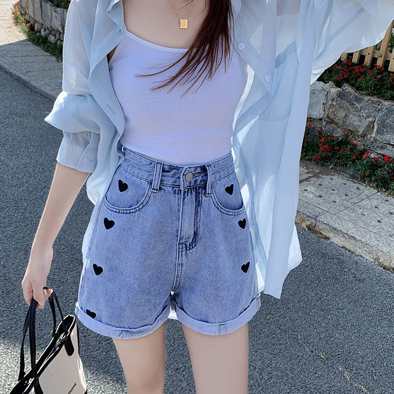 Female With Hearts High Waist Slimming Denim Shorts