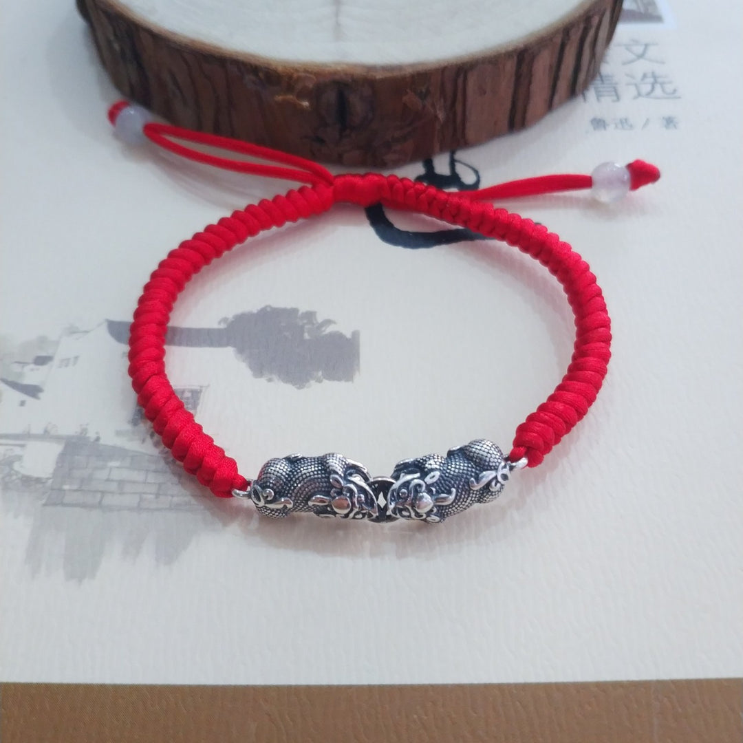 925 Sterling Silver Bitten Coin Double Pixiu Red String Bracelet