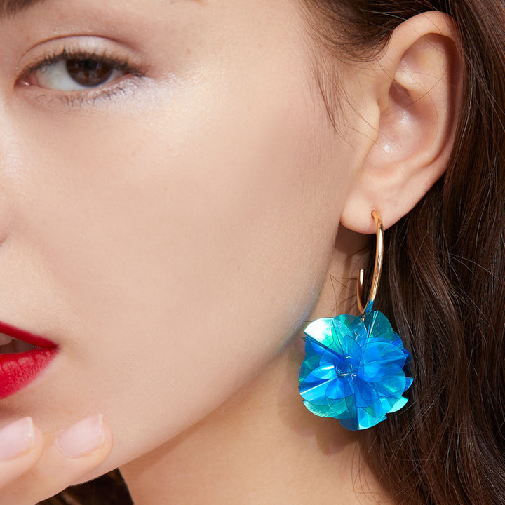 Blue Flower Ball Circled Earrings