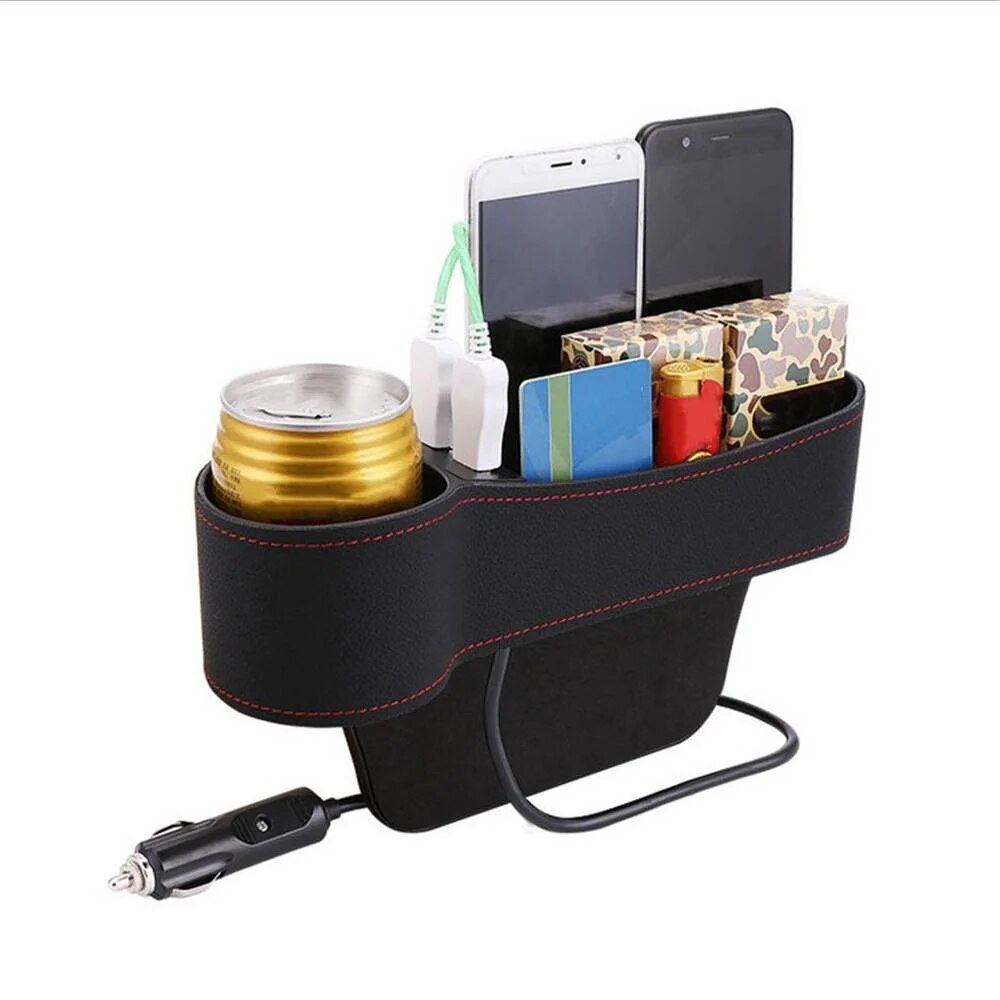 Leather Car Seat Gap Organizer with Dual USB Charging & Cup Holder